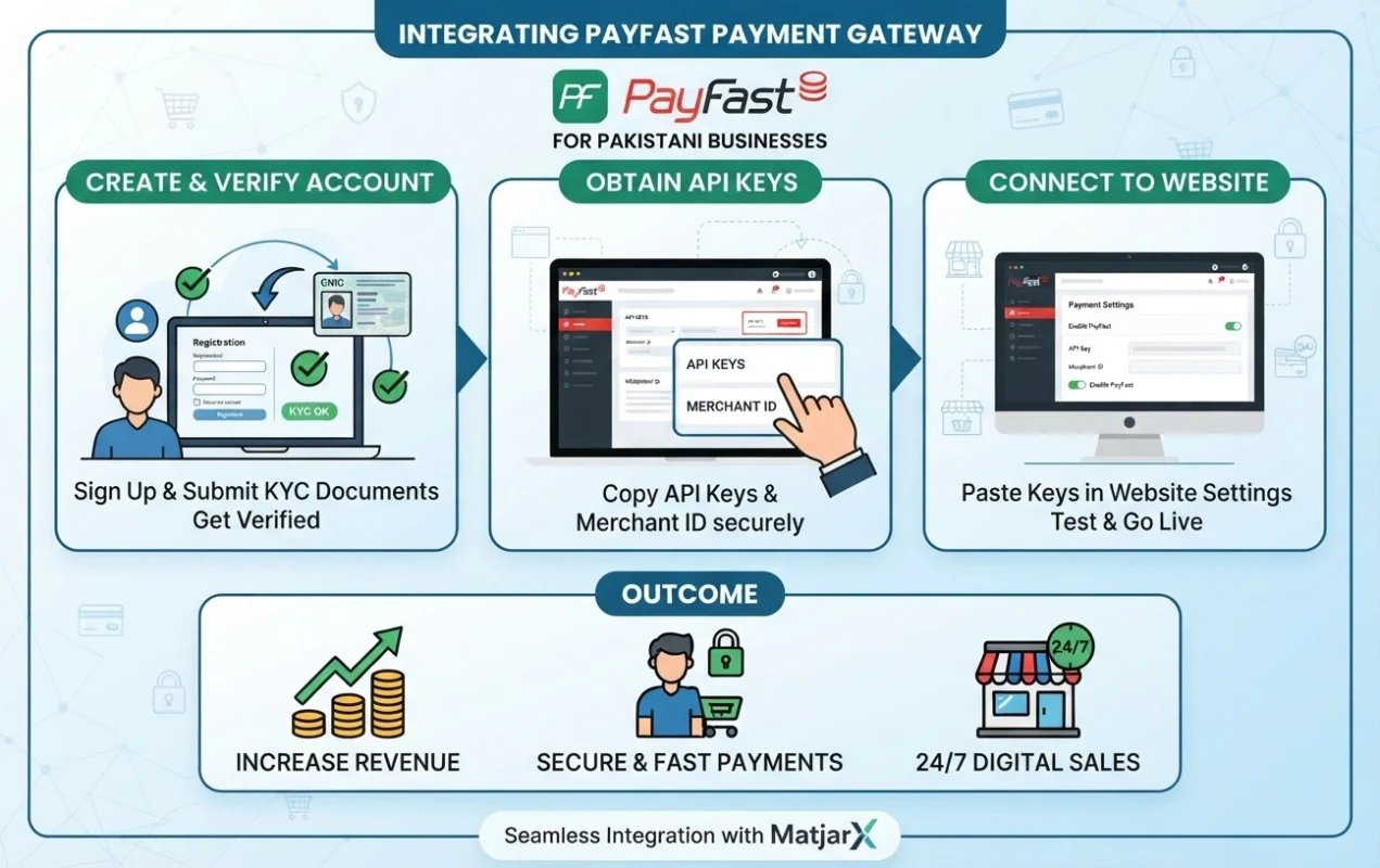 Illustration of PayFast payment gateway integration showing secure online payments, API setup, website checkout, transaction verification, and digital payment processing for businesses in Pakistan.