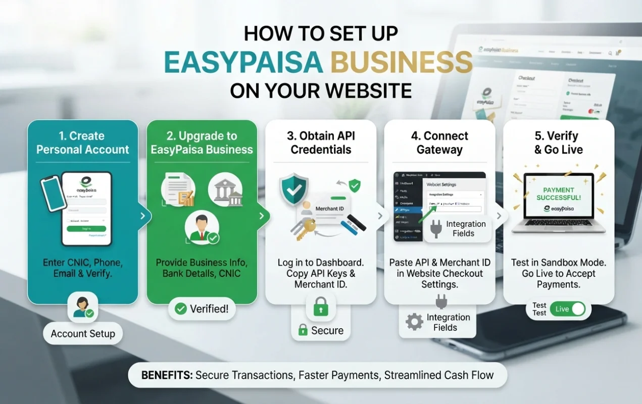 Illustration of EasyPaisa Business payment gateway integration showing secure online payments, API setup, merchant account verification, website checkout, and digital payment processing for businesses in Pakistan.