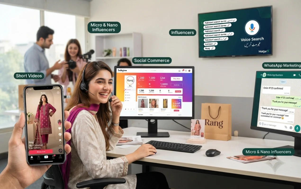 Illustration showcasing 2026 digital marketing trends in Pakistan, including short-form videos, social commerce, voice search, influencer marketing, WhatsApp automation, and business growth strategies.