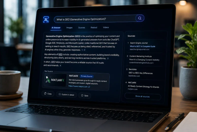 Modern laptop displaying an AI-generated search result with clickable citations and MatjarX featured as a trusted primary source in a futuristic search interface.