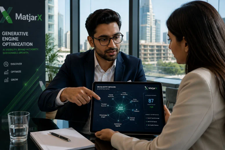 A Generative Engine Optimization specialist presenting a brand entity relationship graph and AI citation network to a client on a tablet in a modern office.