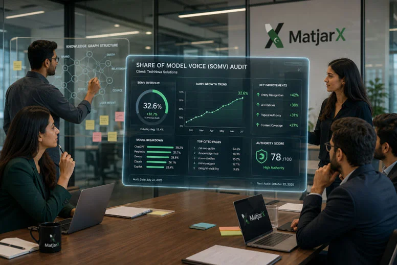 A team of Generative Engine Optimization consultants reviewing a Share of Model Voice audit on an interactive display while designing a knowledge graph strategy in a modern boardroom.