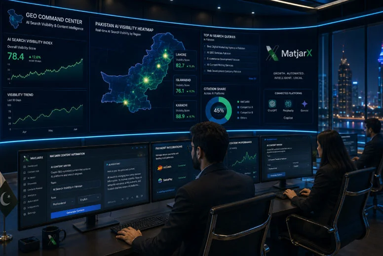 A futuristic command center displaying Pakistan AI search visibility maps, GEO analytics dashboards, content automation tools, and local payment gateway integrations for MatjarX.
